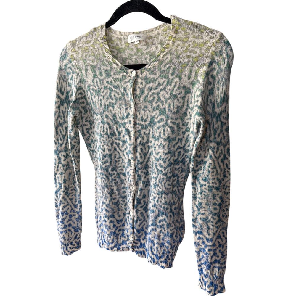 0243 Kinross Cashmere Cardigan Medium Ombre Animal Print Blue Green